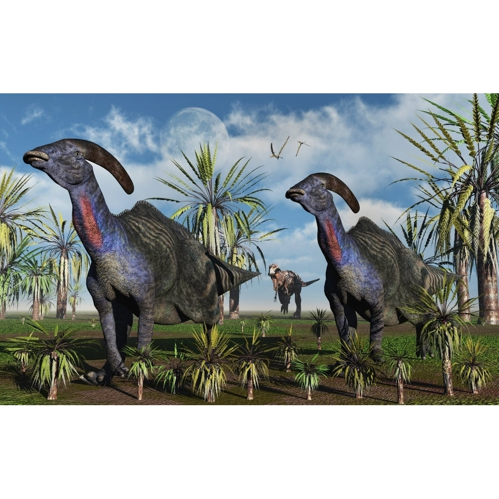 A T-rex chasing a pair of Parasaurolophus dinosaurs. Poster Print by Mark Stevenson/Stocktrek Images Image 2