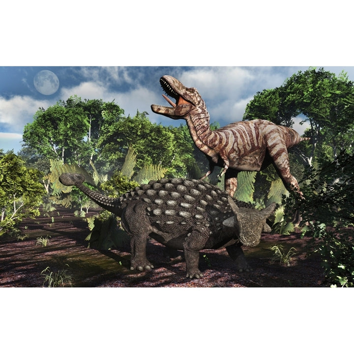 An armored Ankylosaurus protecting itself from a Tyrannosaurus rex. Poster Print by Mark Stevenson/Stocktrek Images Image 1