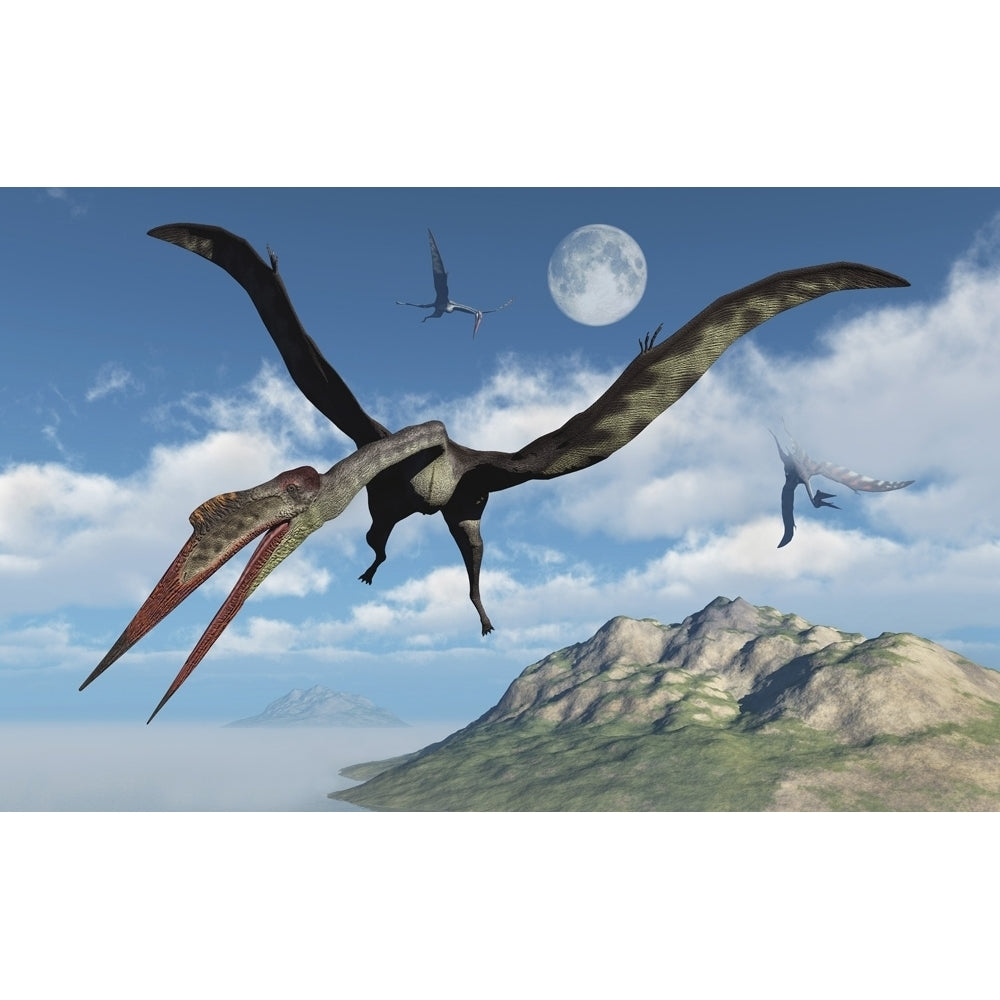 A flock of large Quetzalcoatlus flying over a prehistoric era island. Poster Print by Mark Stevenson/Stocktrek Images Image 1