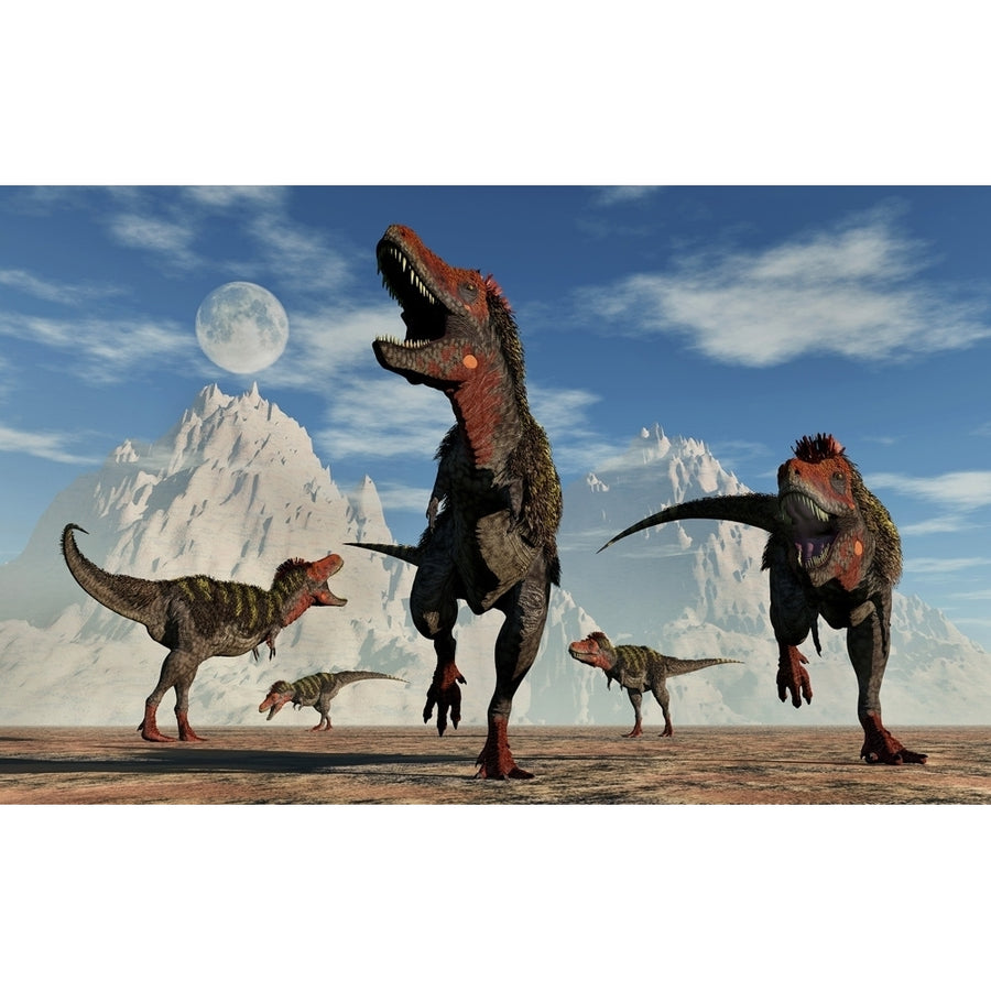 A herd of carnivorous Tarbosaurus dinosaurs Poster Print by Mark Stevenson/Stocktrek Images Image 1