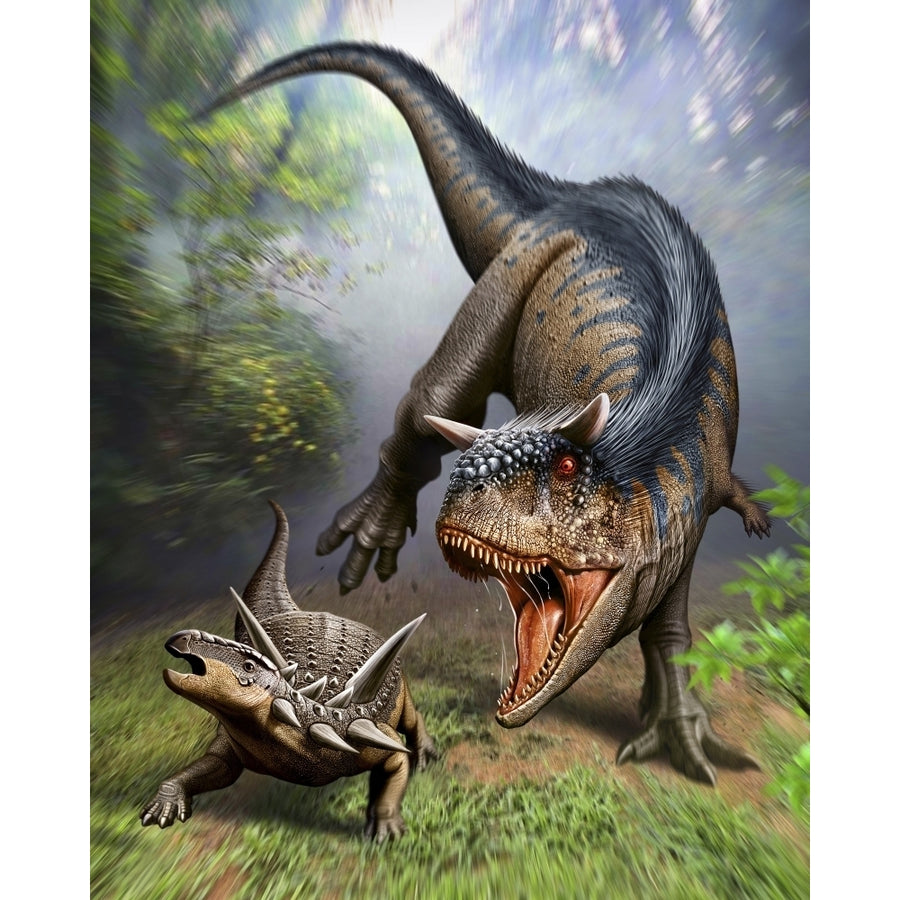 Carnotaurus attacking an Antarctopelta armored dinosaur Poster Print Image 1