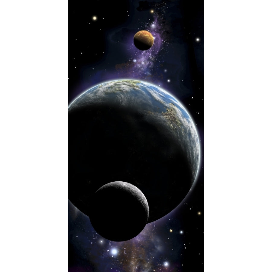 An artists depiction of an Earth type world with two orbiting moons Poster Print Image 1