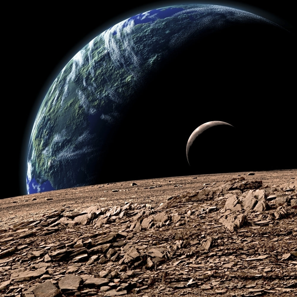 An Earth-like planet in deep space with an orbiting moon Poster Print Image 2