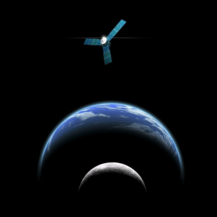 Artists depiction of a satellite in orbit around an Earth-like world and moon Poster Print Image 1