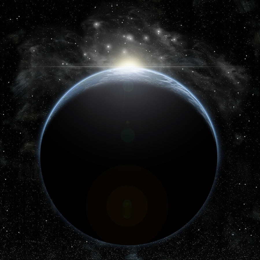 Artists depiction of a star breaking the horizon of an Earth-like planet Poster Print Image 1