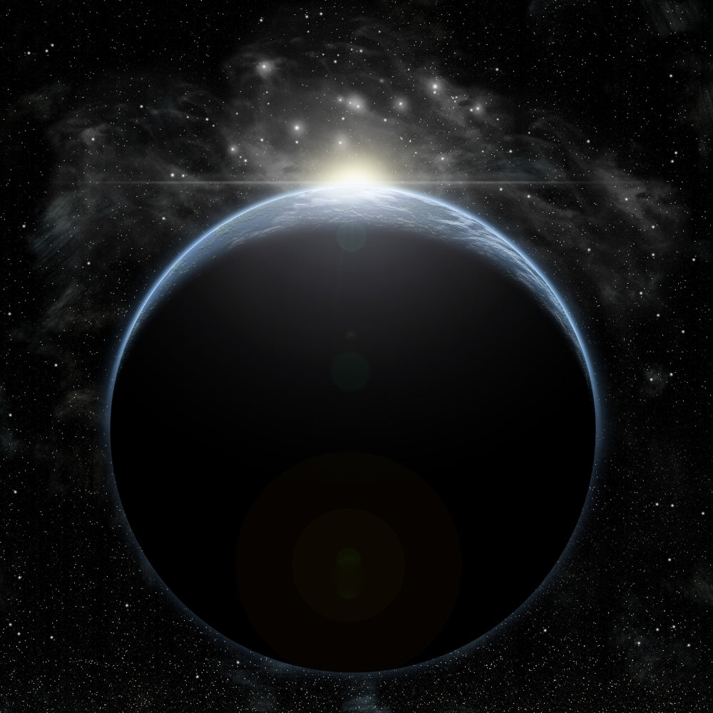 Artists depiction of a star breaking the horizon of an Earth-like planet Poster Print Image 2