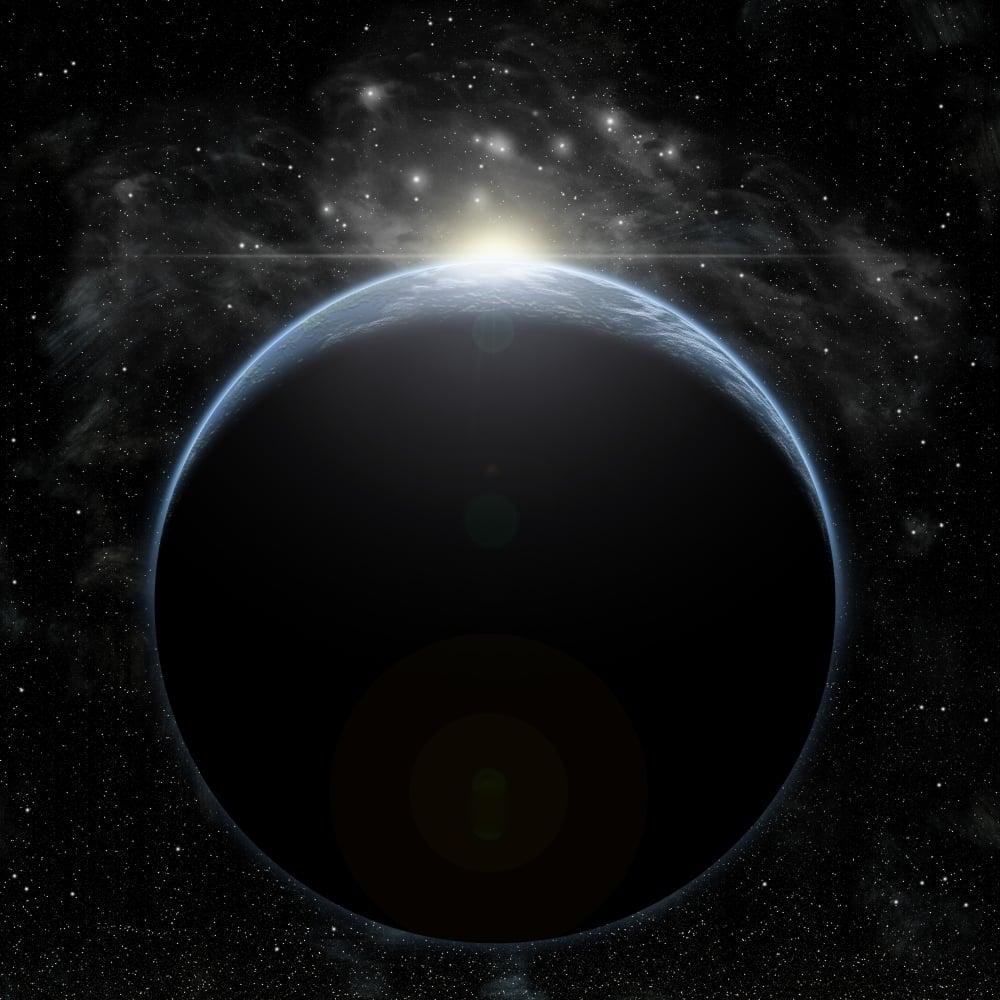 Artists depiction of a star breaking the horizon of an Earth-like planet Poster Print Image 1