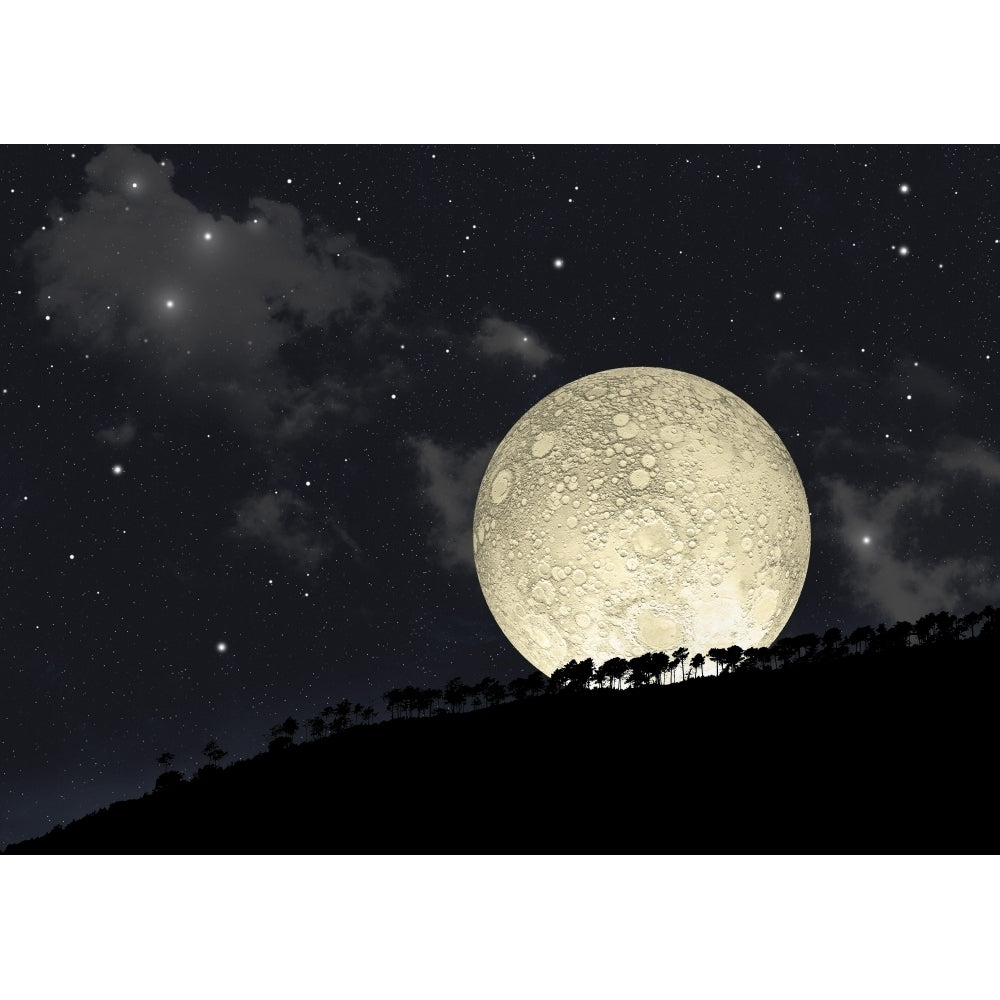 A full moon rising behind a row of hilltop trees Poster Print Image 1