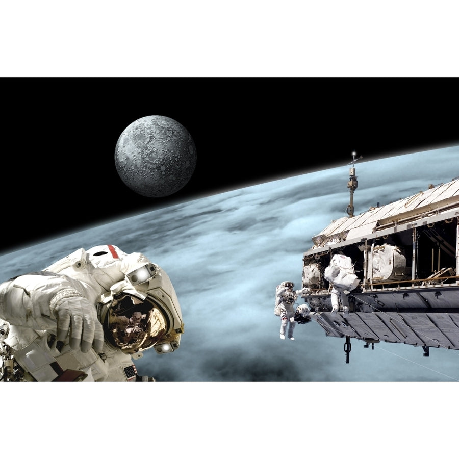 Astronauts performing work on a space station while orbiting an alien world with moonrise Poster Print Image 1