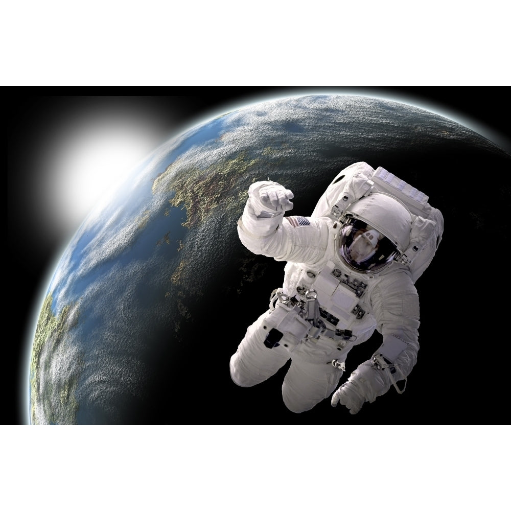 Astronaut floating in outer space with visible sunrise from an Earth-like planet Poster Print Image 1