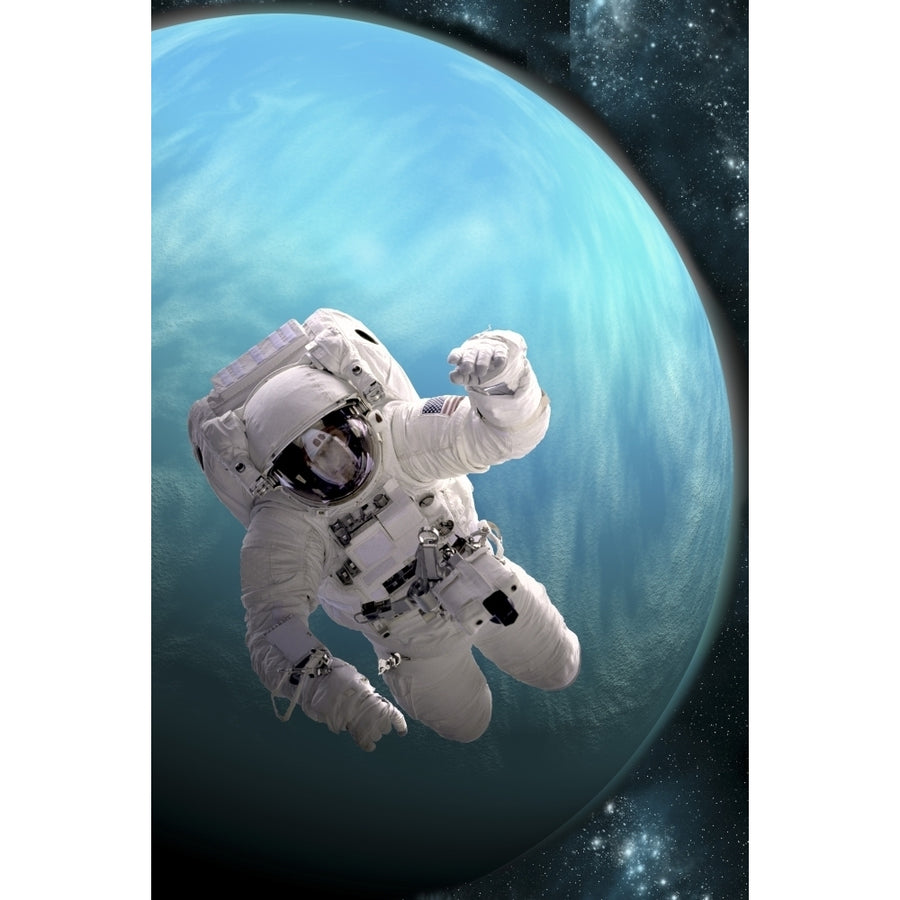 Artists concept of an astronaut floating in outer space by a water covered planet Poster Print Image 1