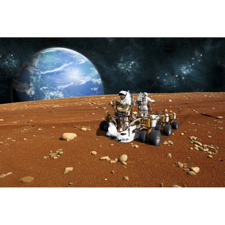 astronauts explore a barren moon on a rover Poster Print Image 2