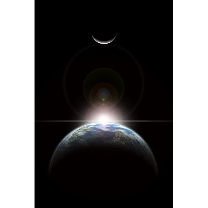 A star rising over an Earth-like planet and illuminating its lone moon Poster Print Image 1