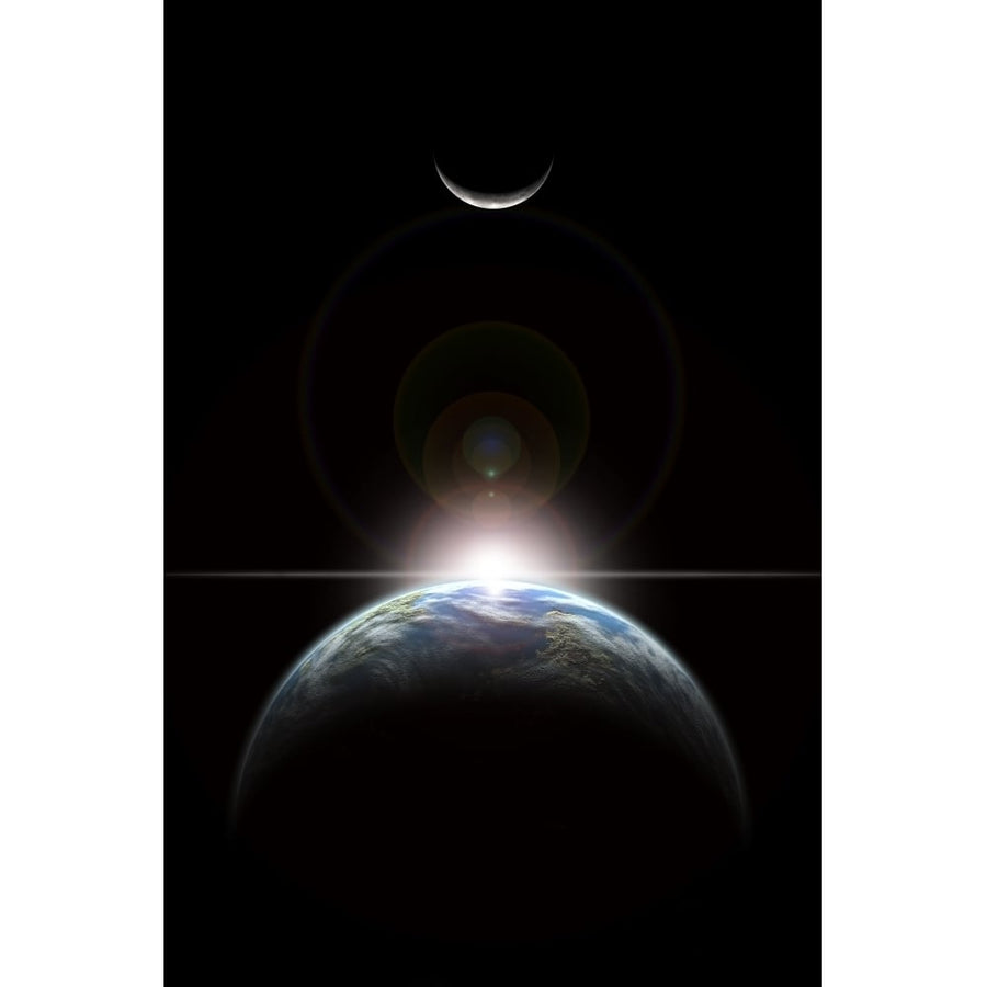 A star rising over an Earth-like planet and illuminating its lone moon Poster Print Image 1