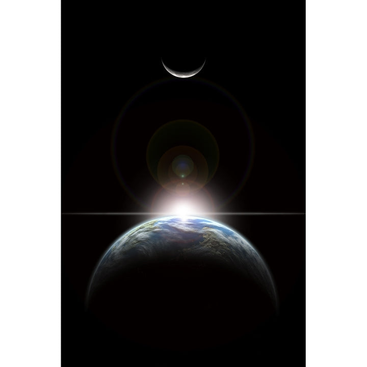 A star rising over an Earth-like planet and illuminating its lone moon Poster Print Image 2