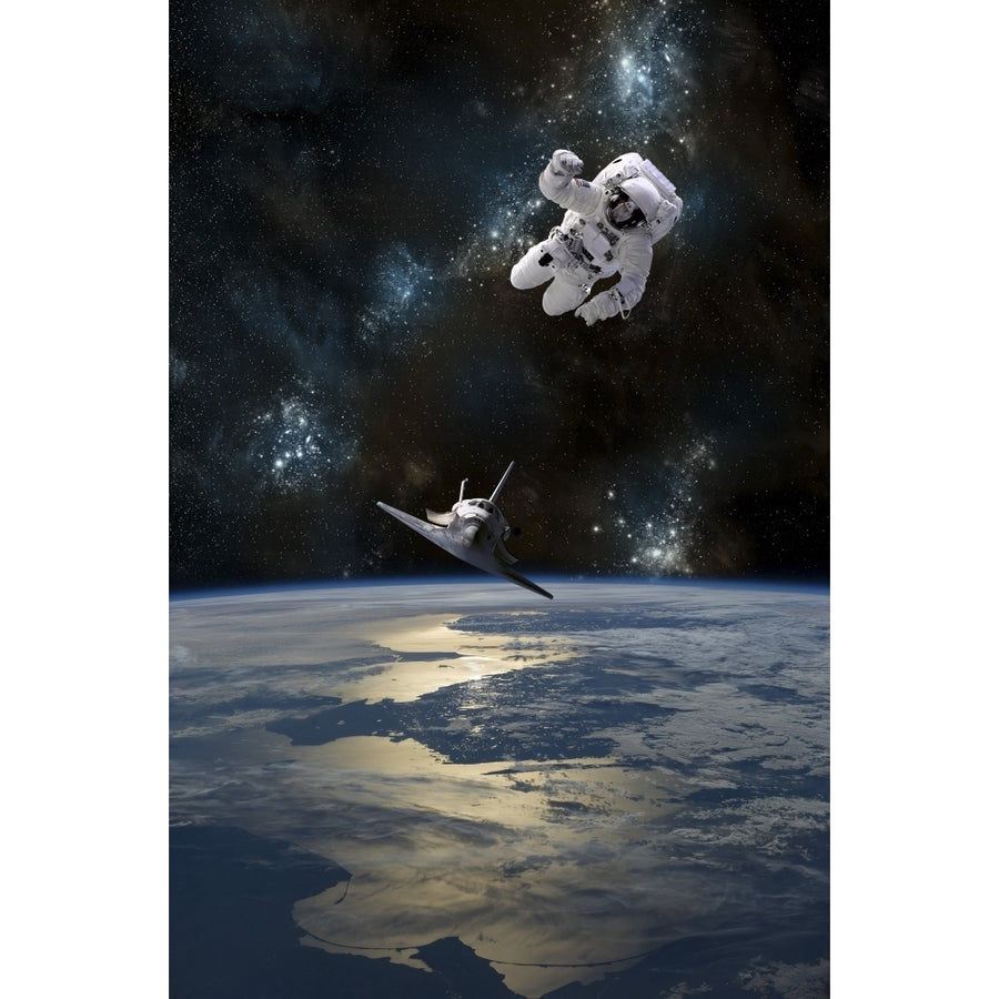 An astronaut drifting in space is rescued by a space shuttle orbiting Earth Poster Print Image 1