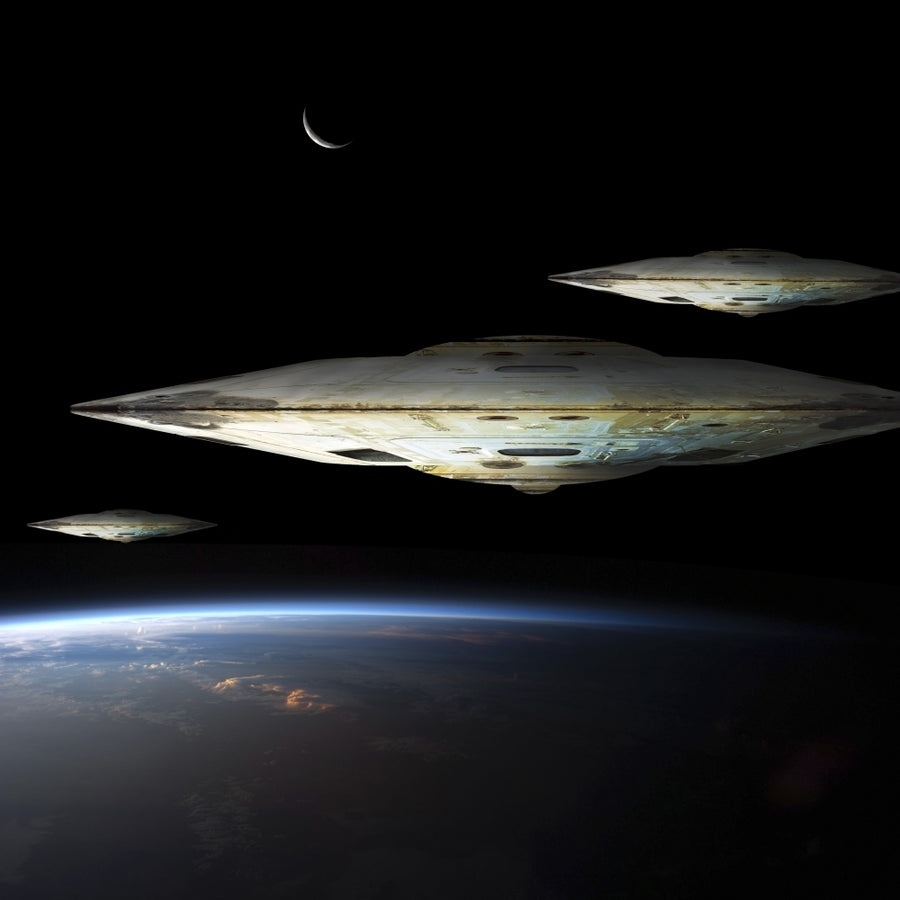 A fleet of massive spaceships known as motherships take position over Earth. Poster Print by Marc Ward/Stocktrek Images Image 1