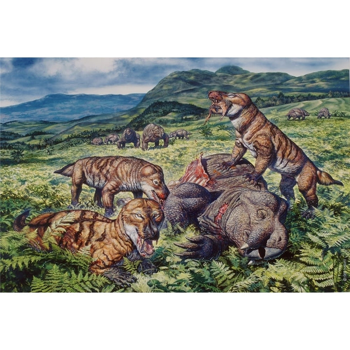 A group of carnivorous Cynognathus prey on a Placerias dicynodont Poster Print Image 1