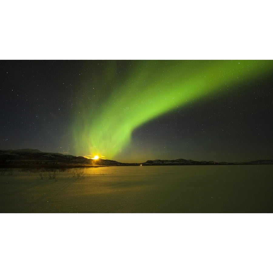 Bright aurora borealis over Lake Laberge Yukon Canada Poster Print Image 1