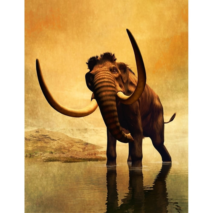 A woolly mammoth in a dramatic frozen sunset Poster Print Image 1