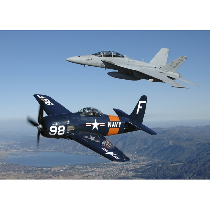 F/A-18 Hornet and F8F Bearcat flying over Chino California Poster Print Image 2