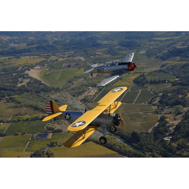 AT-6 Texan and Stearman PT-17 flying over Santa Rosa California Poster Print Image 1