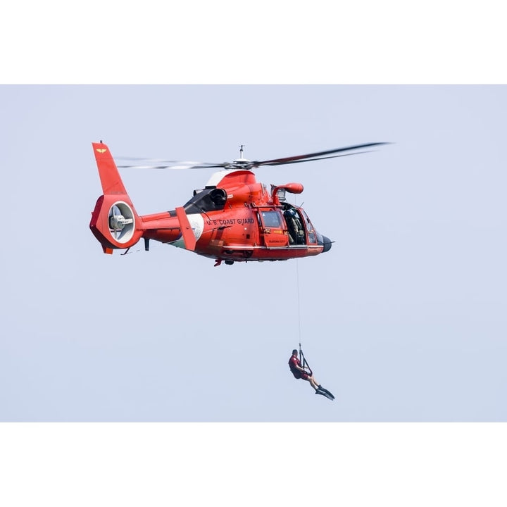 A rescue swimmer is lowered from a U.S. Coast Guard HH-65 Dolphin helicopter Poster Print Image 1