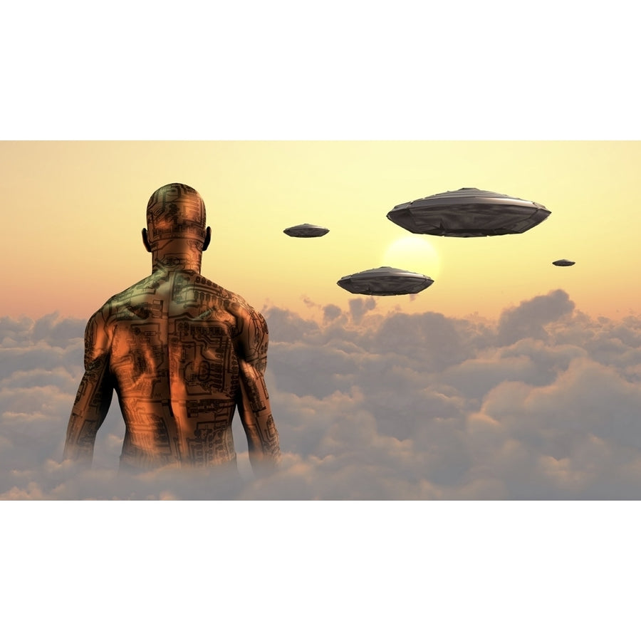 Mans body with electronic circuit. Spacecrafts in the sky. Poster Print by Bruce Rolff/Stocktrek Images Image 1