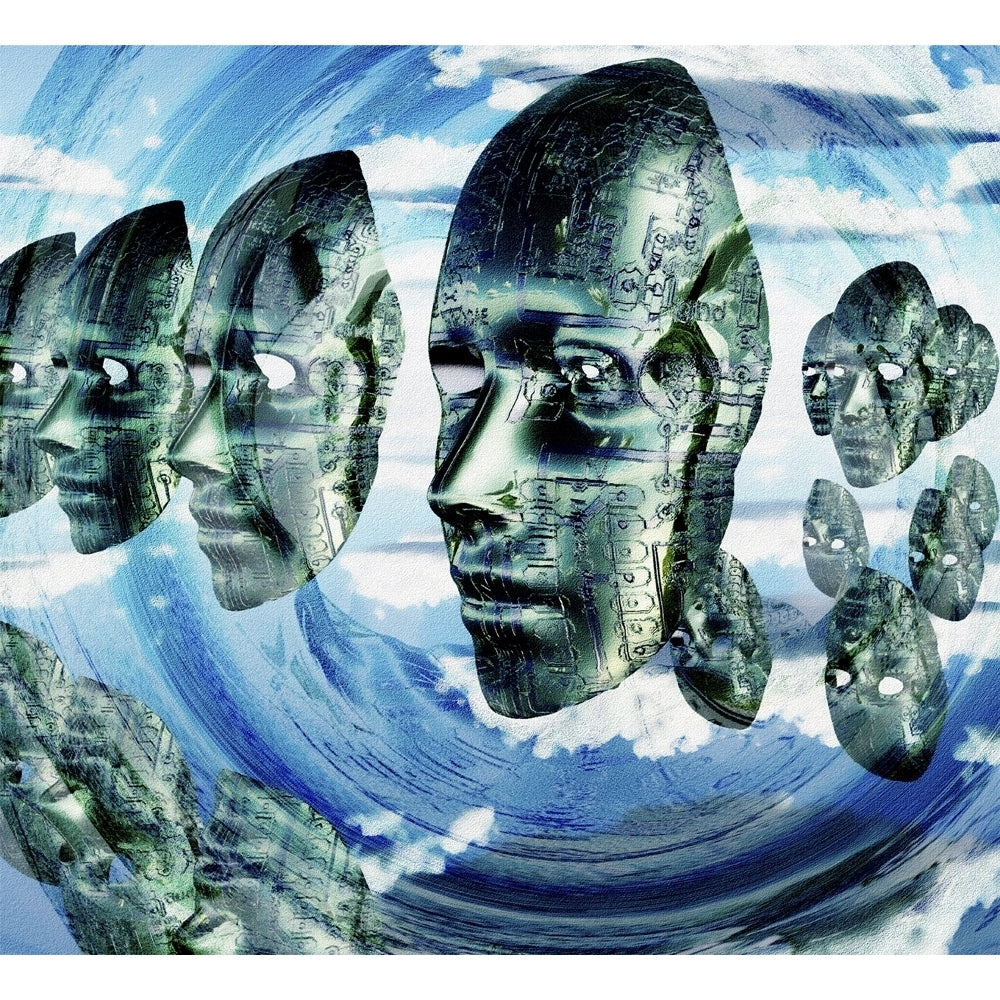 Electronic Faces hovers. 3D rendering. Poster Print by Bruce Rolff/Stocktrek Images Image 1