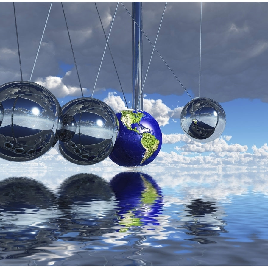 Surreal digital art. Newtons pendulum. One of the balls represents planet Earth. Poster Print by Bruce Rolff/Stocktrek Image 1