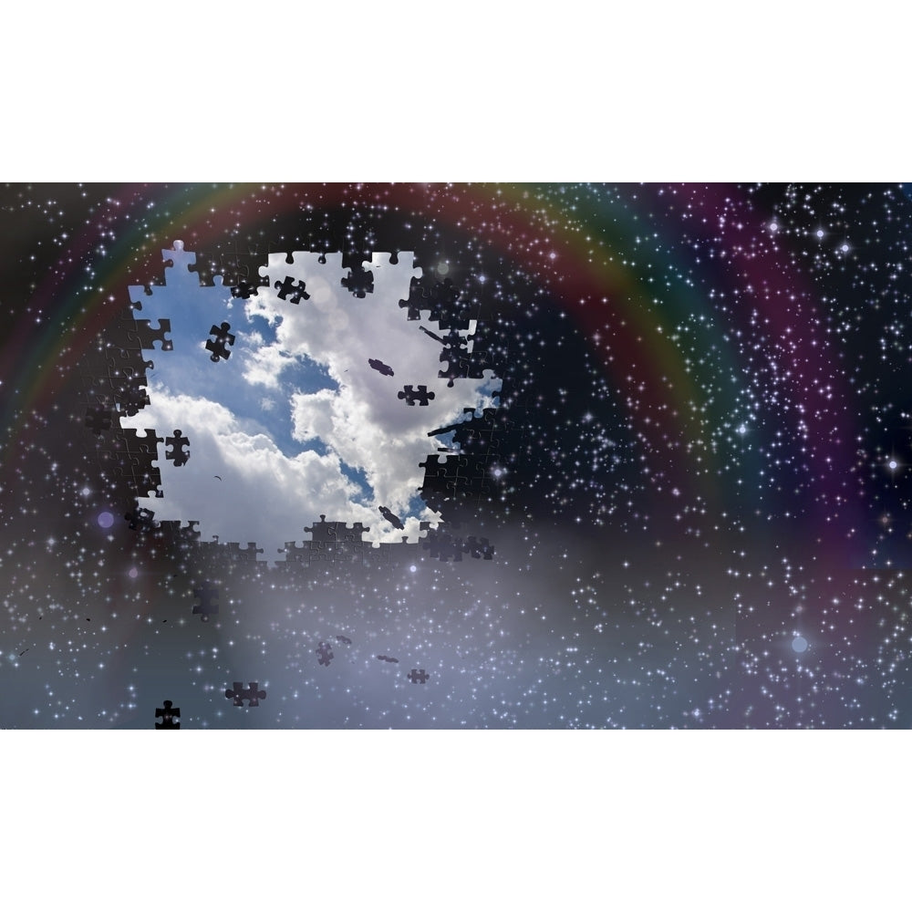 Puzzle pieces fall from night sky revealing day with rainbow Poster Print by Bruce Rolff/Stocktrek Images Image 1