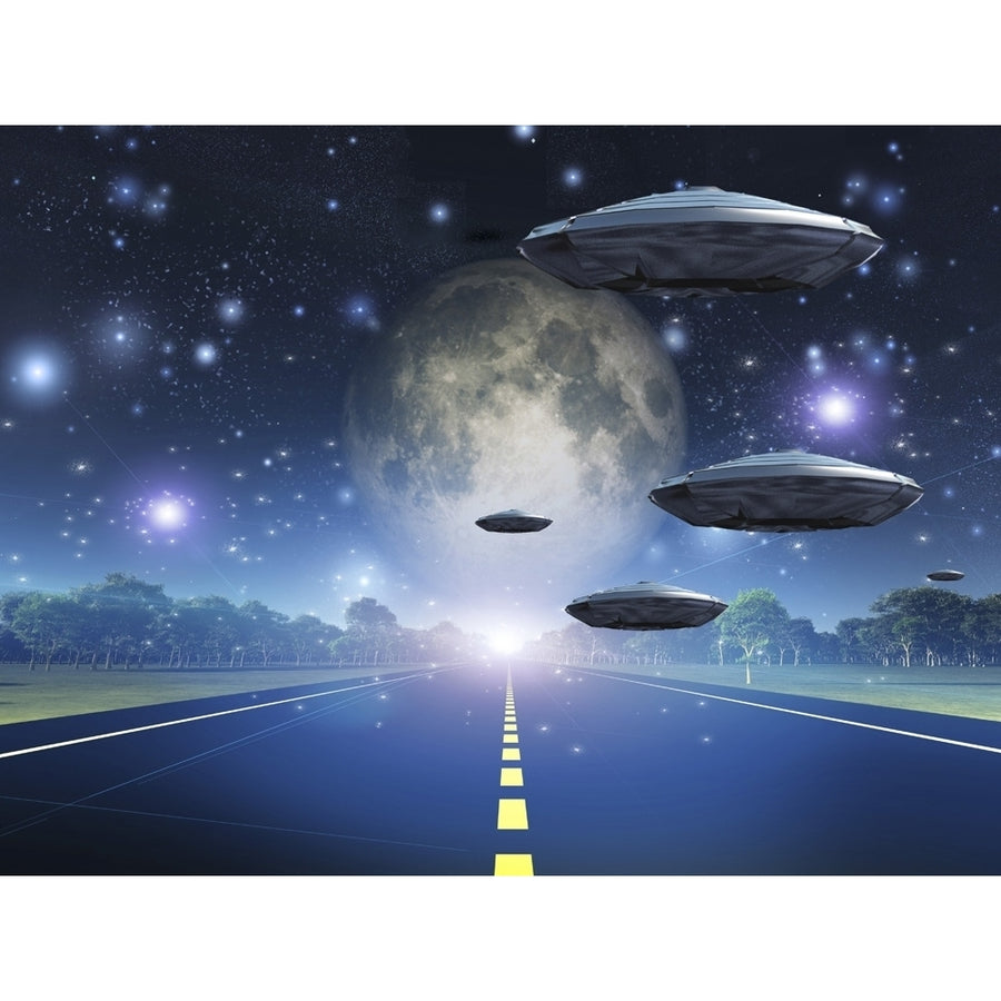 Full moon seen from Earth. Flying saucers over the highway. Poster Print by Bruce Rolff/Stocktrek Images Image 1