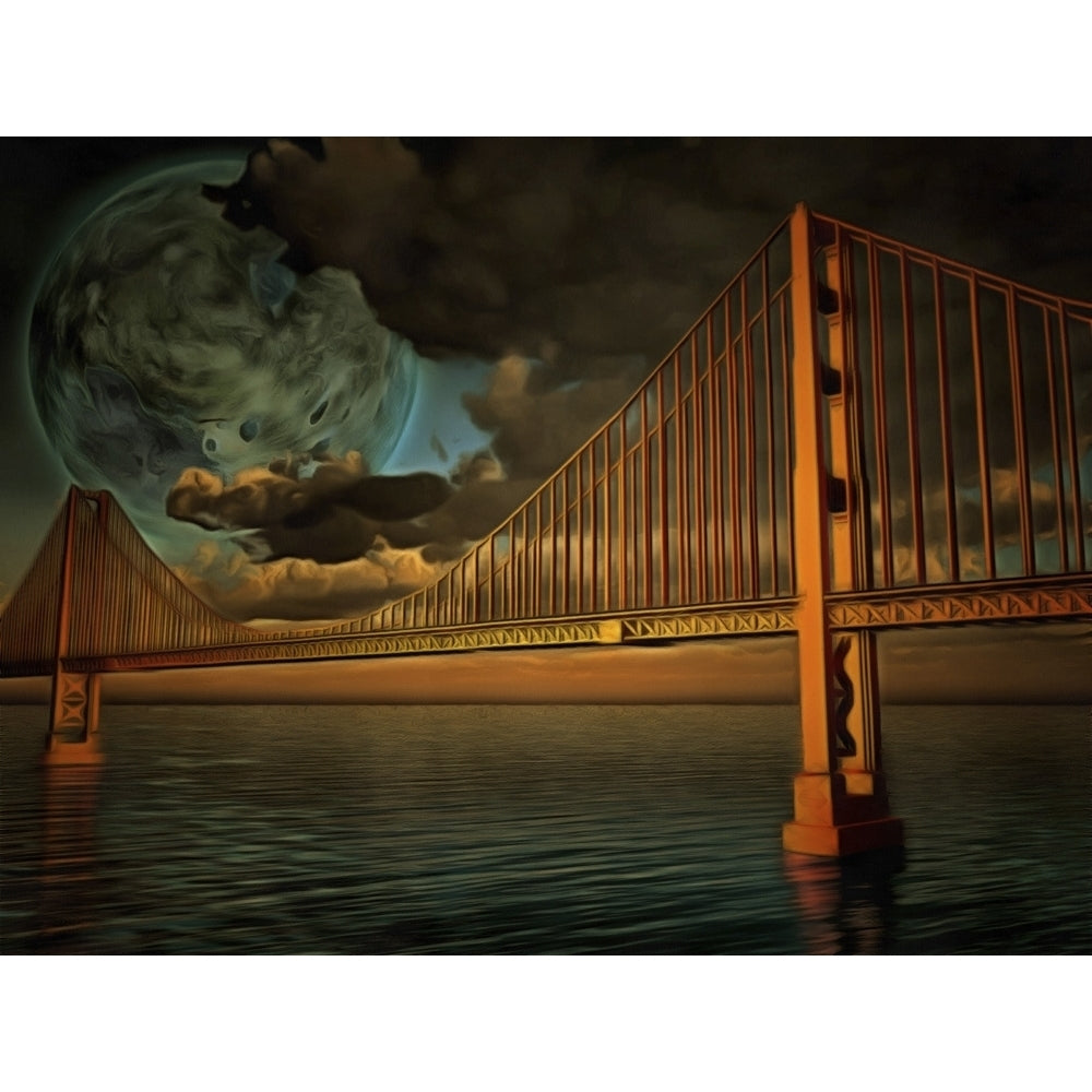 Surreal painting. Golden Gate bridge. Terraformed moon in the sky. Poster Print by Bruce Rolff/Stocktrek Images Image 1