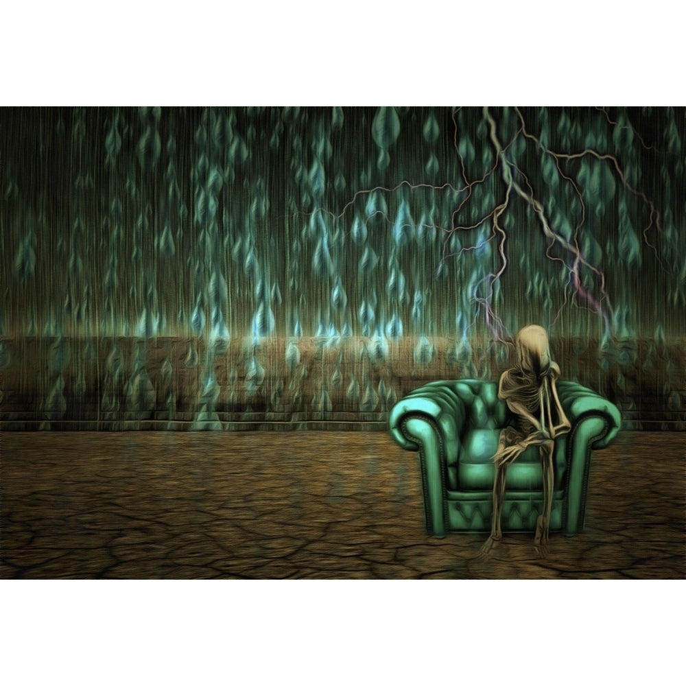 Alien skeleton sits on a armchair in pose of thinker. Rain fals down on arid land. Poster Print by Bruce Rolff/Stocktrek Image 1