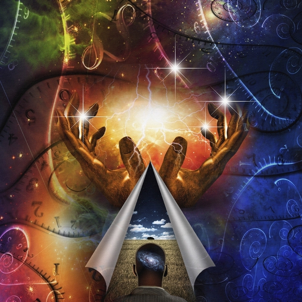 Man with galaxy mind and gesturing hands Poster Print by Bruce Rolff/Stocktrek Images Image 1