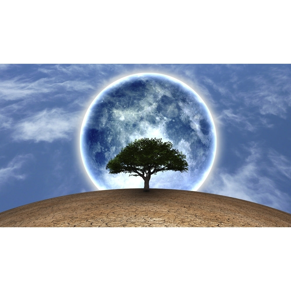 Surrealism. Green tree in arid land. Full moon in blue sky. Poster Print by Bruce Rolff/Stocktrek Images Image 1