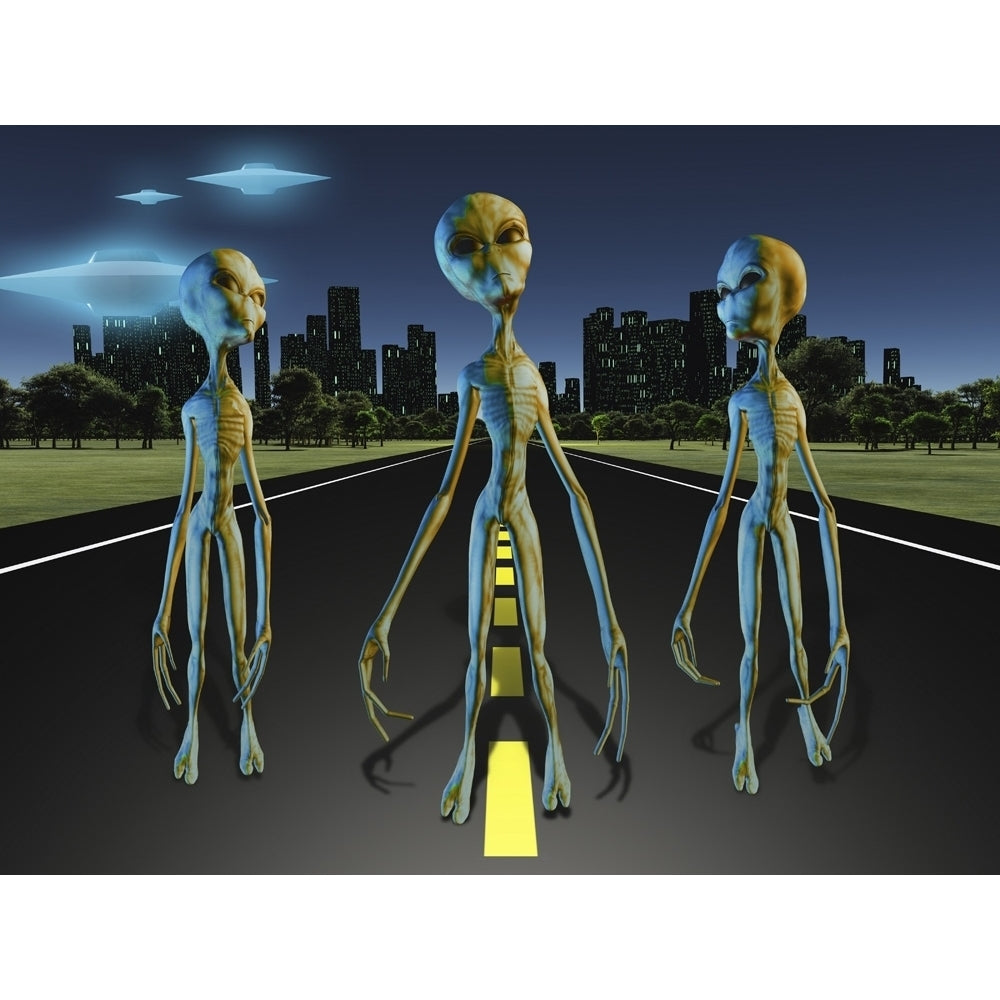 Aliens on road to city. UFO Poster Print by Bruce Rolff/Stocktrek Images Image 1