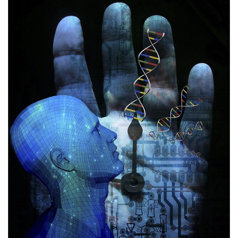 Cyborg. Arrows on palm hand. DNA strands Poster Print by Bruce Rolff/Stocktrek Images Image 1