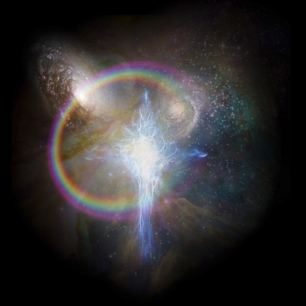 Surreal digital art. Shining energy in shape of cross in universe. Galaxy and rainbow. Poster Print by Bruce Rolff/Stock Image 1