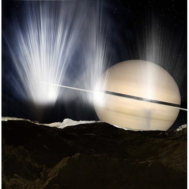 Plumes of ice crystals rise from geysers into the sunlight as dawn breaks on Enceladus Poster Print by Ron Miller/Stockt Image 2