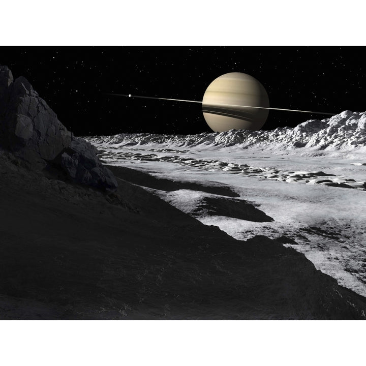 Saturns moon Tethys is split by an enormous valley called Ithaca Chasma Poster Print Image 1