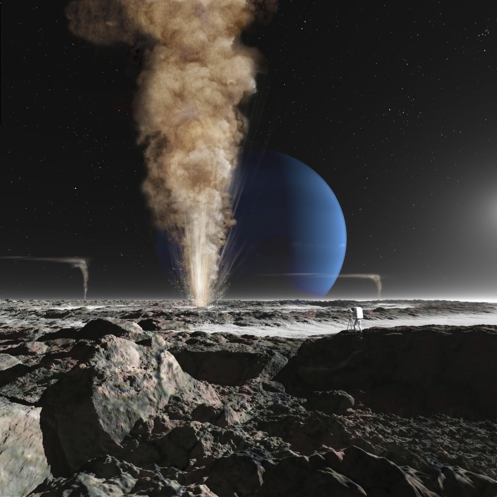 An astronaut observes the eruption of one of Tritons giant cryogeysers Poster Print Image 2