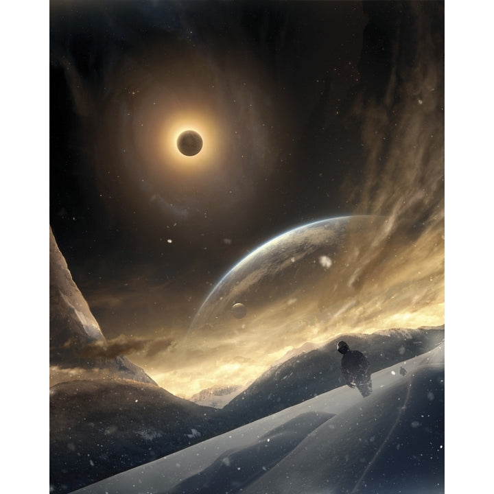 Two persons trying to find their way on an unknown alien planet Poster Print Image 1