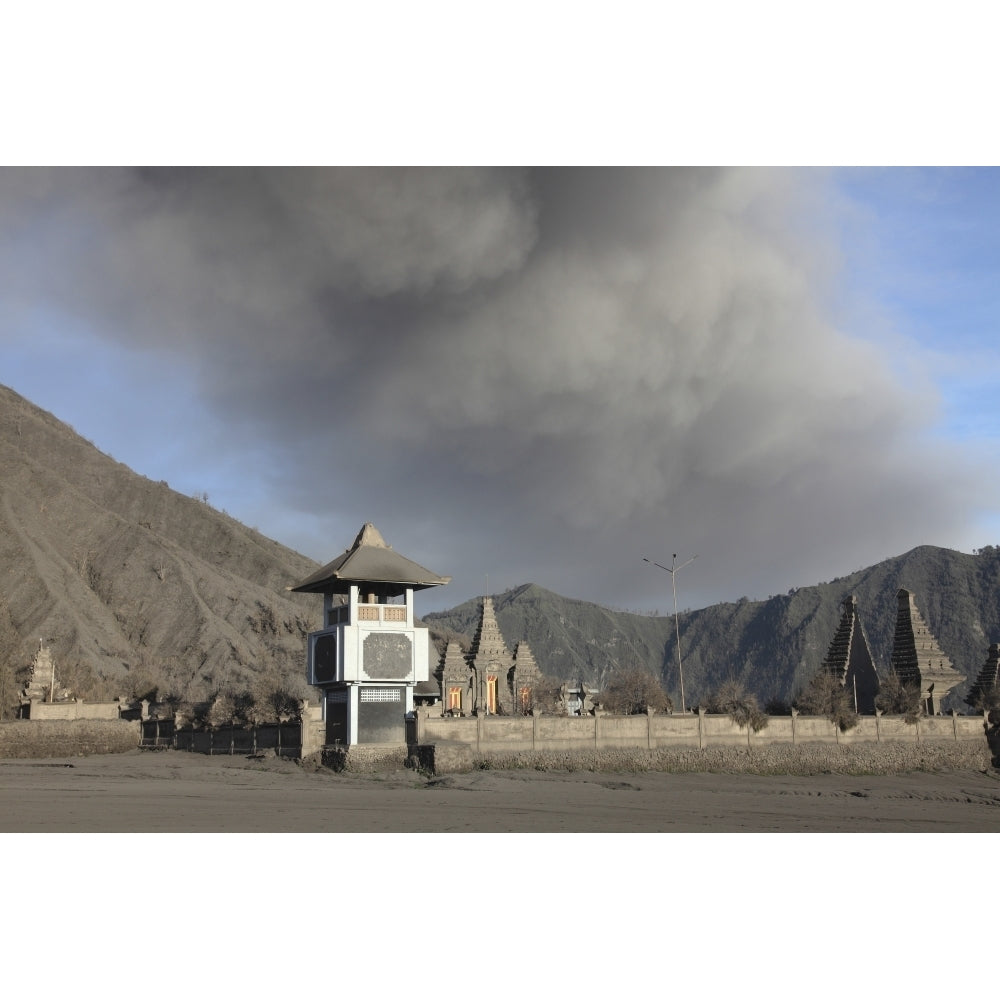 Ash cloud passing over temple at foot of Mount Bromo Volcano Tengger Caldera Java Indonesia Poster Print Image 2