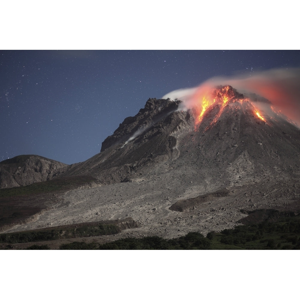 Glowing lava dome during eruption of Soufriere Hills volcano Montserrat Caribbean Poster Print Image 1