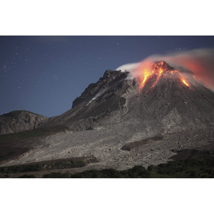 Glowing lava dome during eruption of Soufriere Hills volcano Montserrat Caribbean Poster Print Image 1