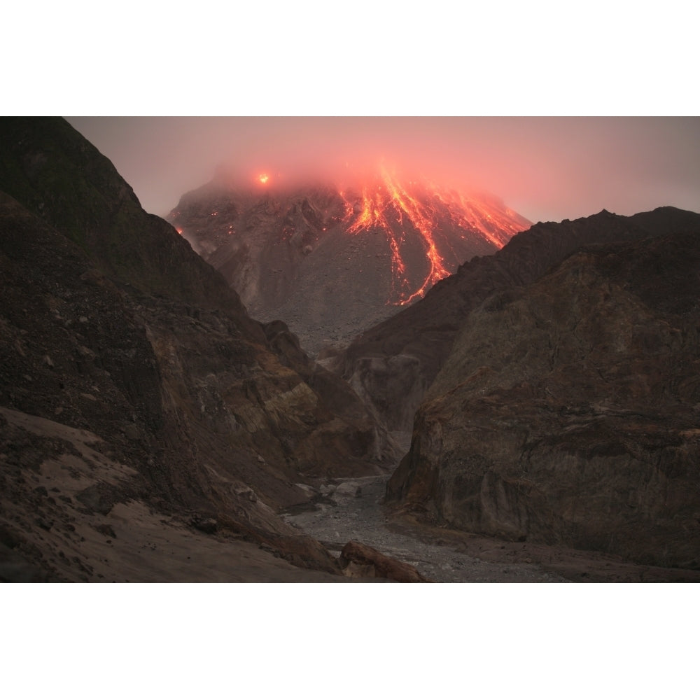 Cloud-capped lava dome of Soufriere Hills volcano Tar River Valley Montserrat Caribbean Poster Print Image 1