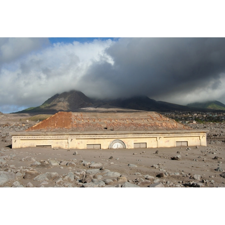 Plymouth Courthouse buried in lahar deposits from Soufriere Hills volcano Montserrat Caribbean Poster Print Image 1