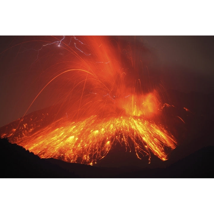 Powerful night time explosive eruption of Sakurajima volcano Japan Poster Print Image 1