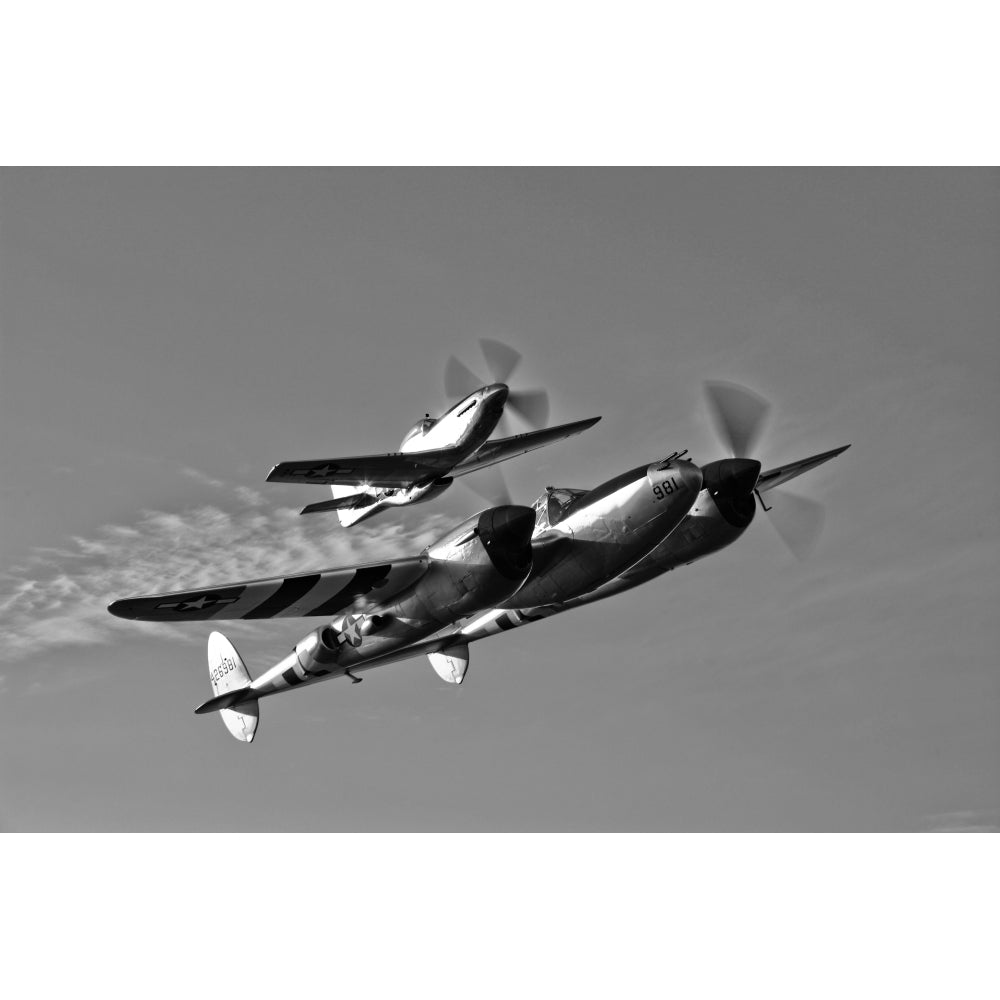 A P-38 Lightning and P-51D Mustang in flight Poster Print Image 1